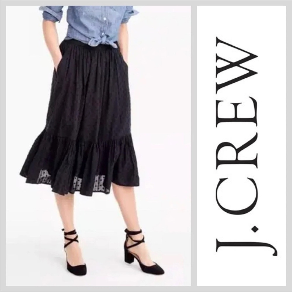 J.Crew Black Clip Dot Cotton Tiered Midi Skirt